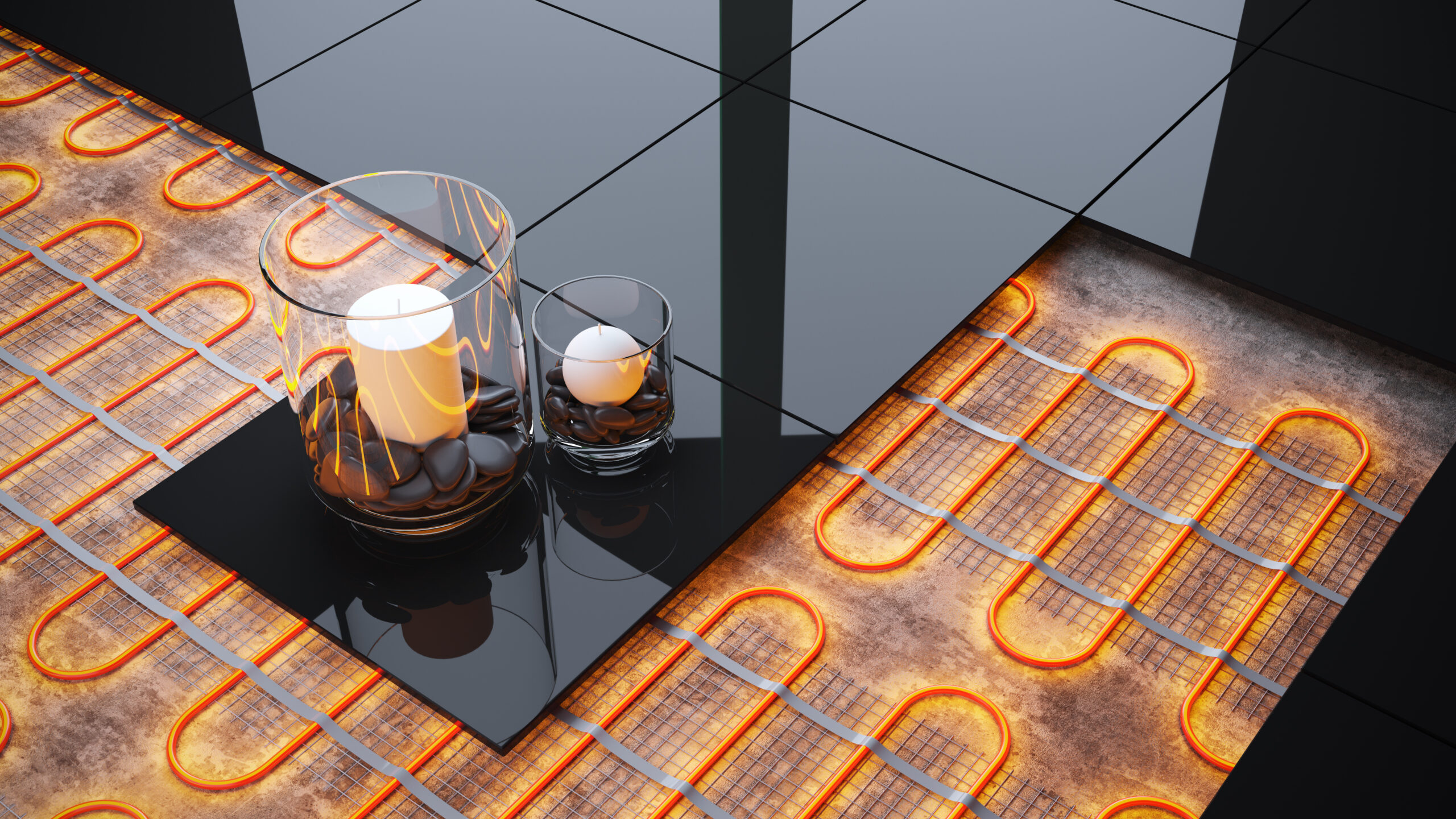 Electric underfloor heating under a tiled floor.