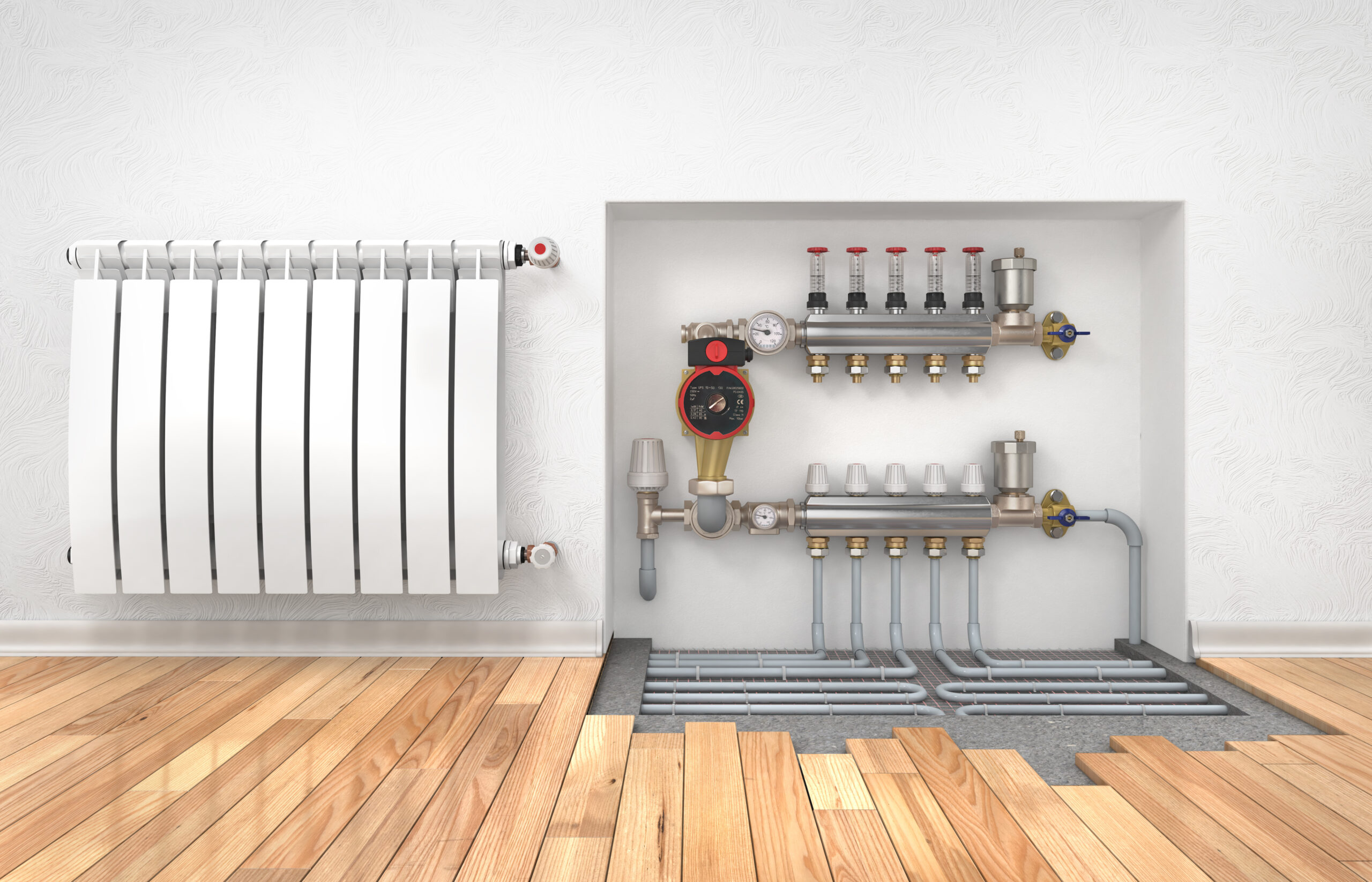 Layered wet underfloor heating with manifold.